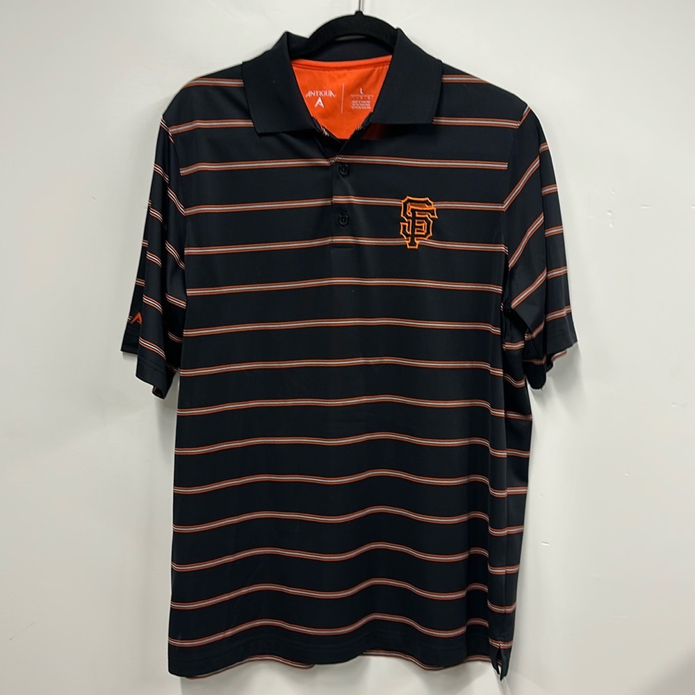 Antigua San Francisco Giants black orange stripe polo shirt L